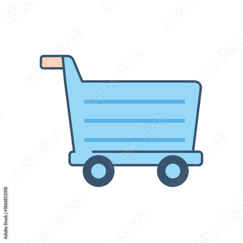 A flat illustration of a blue shopping cart with a peach-colored handle for e-commerce websites
