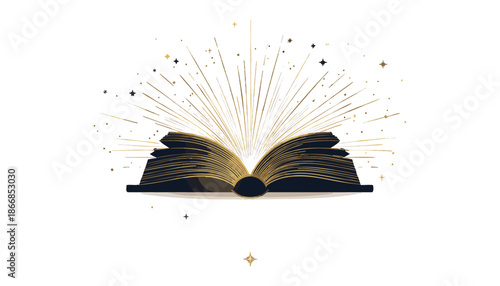 Minimalist Vector Illustration of Open Book with Radiating Light and Sparkles in Elegant Gold and Black Style