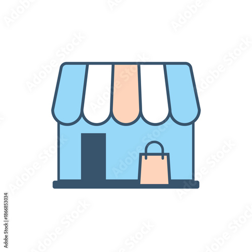 A blue and peach shop building icon representing a physical or digital storefront