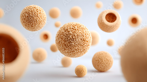 abstract floating spheres in various sizes, with a unique texture. The composition evokes a sense of depth and weightlessness, with soft lighting enhancing the visual appeal