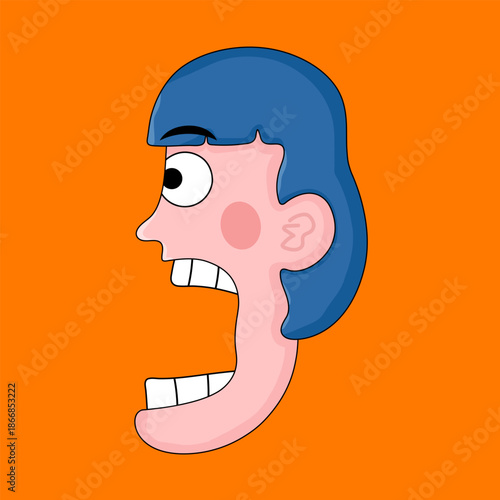 a trendy cartoon illustration of a blue-haired young man in side profile with an open mouth expression, swag style, bright skin tone, playful mood, suitable for digital content, branding, and modern p