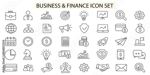 Finance and business line icons collection. Vector business and finance editable stroke line icon set with money, bank, check, law, auction, exchange, payment. Vector illustration. 