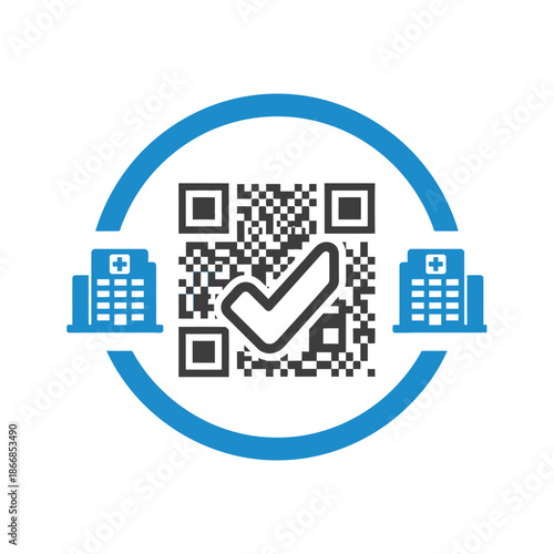 QR Code Checkmark with Hospitals Icon, Digital Health Pass Concept