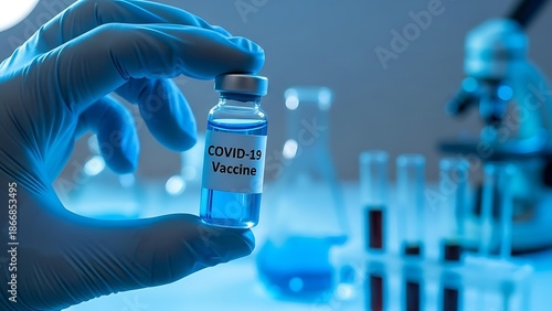 Medical professional holding COVID19 vaccine vial in laboratory setting