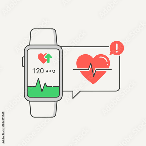 Smartwatch displaying heart rate and health data with notification alert