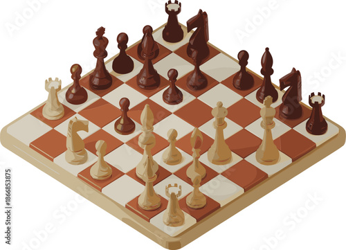 Vector Illustration of an Isometric Chess Board with 3D Pieces Including King Queen Knight and Rook for Strategy