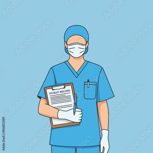 Doctor with Patient Record and Pen, Medical Professional in Scrubs and Mask