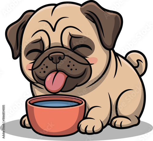 Vector Illustration of a Cute Happy Pug Dog Drinking Water from a Bowl for Pet Care Mascot Design