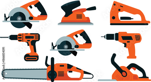 Vector Illustration Set of Orange Electric Power Tools Including Circular Saw Drill Chainsaw and Sander for DIY Concept