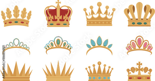 Vector Illustration Set of Golden Crowns and Tiaras with Gemstones for Royalty Luxury and Achievement Concept Design