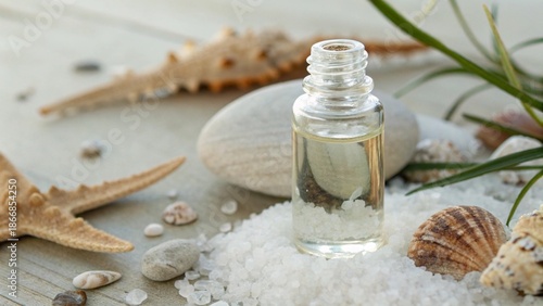 Close Up of Essential Oil Bottle with Marine Aroma Elements and Ocean Inspired Decor