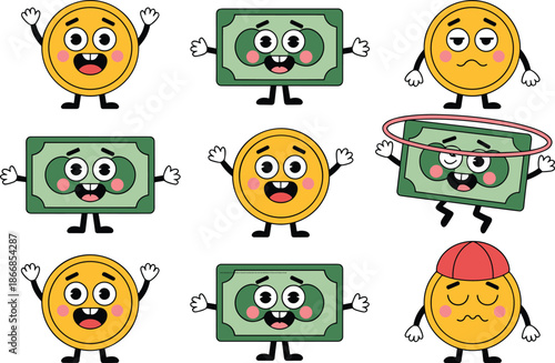Vector Illustration Set of Cute Money Characters Including Gold Coins and Green Banknotes for Finance and Savings Concept