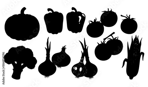 Hand drawn vegetable harvest set pumpkins corn tomatoes farm illustration