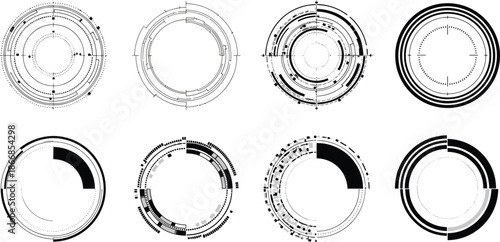 Various circular designs and illustrations showcased in a grid pattern on a plain white background