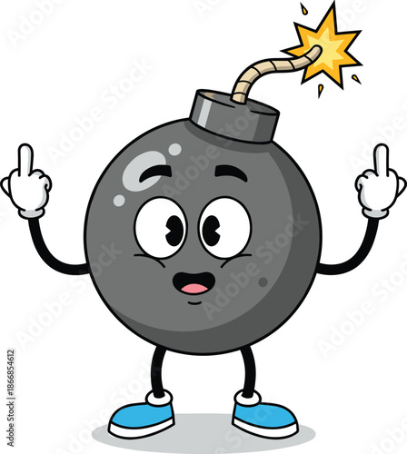 Vector Illustration of a Cartoon Bomb Mascot with a Lit Fuse Showing the Middle Finger Rebellious Attitude Concept