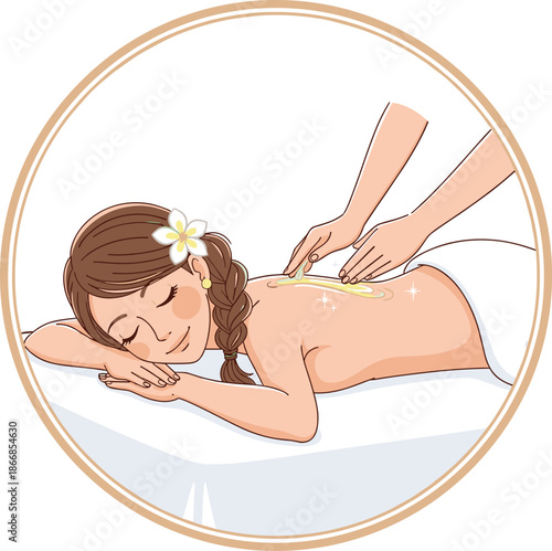 Vector Illustration of a Woman Receiving a Relaxing Back Massage in a Spa with a Tropical Flower