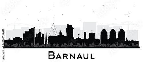 Barnaul Russia city skyline silhouette with black buildings isolated on white. Barnaul cityscape with landmarks. Business travel and tourism concept with modern and historic architecture.