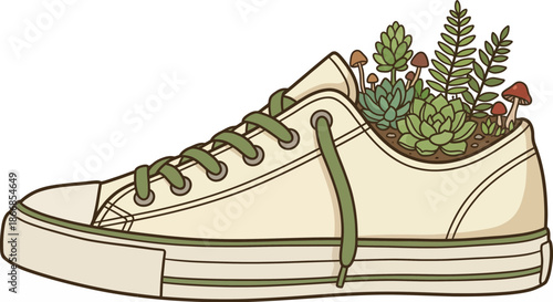 Whimsical illustration of an old shoe planter with succulents, ferns, and tiny mushrooms, representing creative gardening and sustainable decor ideas