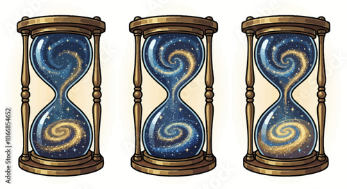 Galactic Hourglass Set A mesmerizing illustration depicting three cosmic timepieces, each filled with swirling galaxies, symbolizing eternal time and the universe's vastness