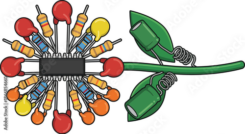 Creative electronic components arranged like a flower with green leaves and a stem, representing innovation and technology