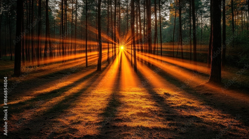 Obraz premium Golden sunbeams pierce a pine forest