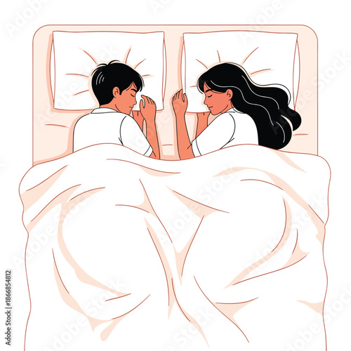 Vector Illustration of a Young Couple Sleeping Peacefully in a Large Bed with White Pillows and Blankets