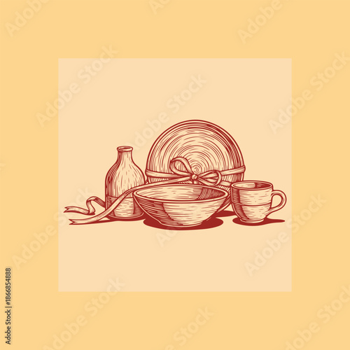 A collection of earthenware pottery and a bottle