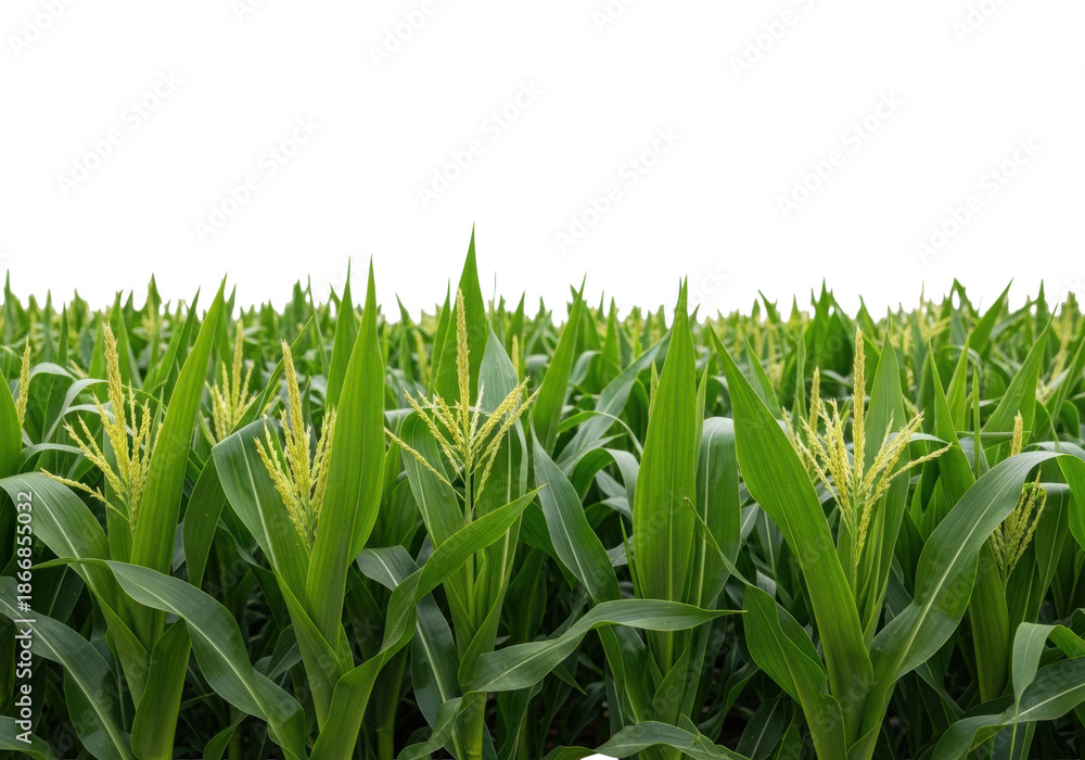Obraz premium Lush young corn plants with deep green leaves and golden tassels in a dense field, transparent background, copy space, soft natural light, concept for produce advertising