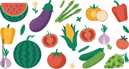 Vector Illustration Set of Fresh Organic Vegetables and Fruits Including Watermelon Tomato Corn Eggplant and Grapes for Nutrition