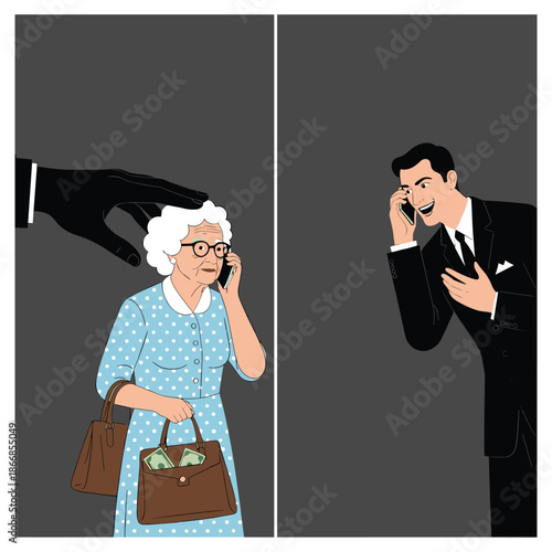 Vector Illustration of an Elderly Woman Being Targeted by a Telephone Scammer for Financial Fraud and Security Awareness