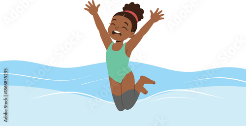 Vector Illustration of a Happy Young Girl Jumping into Water with Arms Raised for Summer Vacation Concept