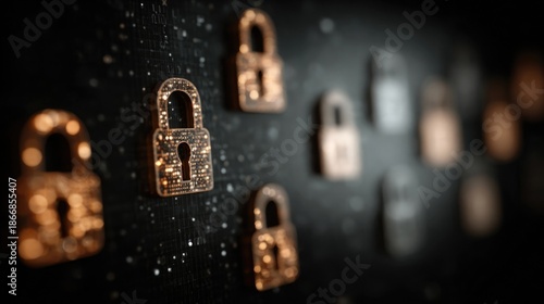 Data privacy visuals showing encrypted icons, firewalls, locks, and digital shields representing secure data storage, personal information protection, and cybersecurity awareness concepts