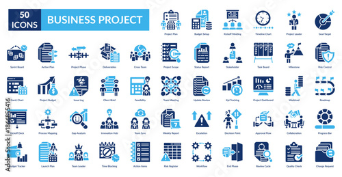 Business Project Fill Icon Set. Project Plan, Budget Setup, Kickoff Meeting, Timeline Chart, Project Leader, Goal Target, Risk Control
