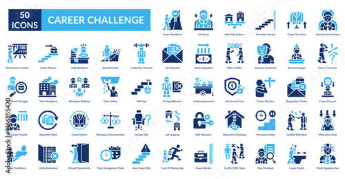 Career Challenge Fill Icon Set. Career Roadblock, Job Stress, Work Life Balance, Promotion Barrier, Transition, Job Interview Anxiety, Confusion