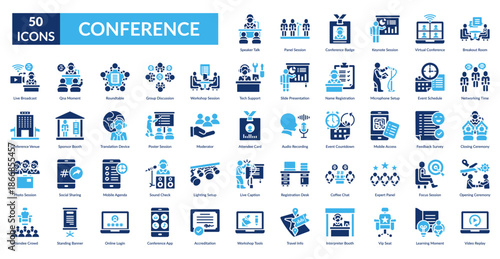 Conference Fill Icon Set. Speaker Talk, Panel Session, Conference Badge, Keynote Session, Virtual Conference, Breakout Room, Networking Time