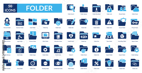 Folder Fill Icon Set.  Search,  Upload,  Download,  Lock, Shared ,  Cloud, Private 