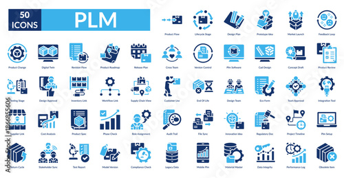 Plm Fill Icon Set. Product Flow, Lifecycle Stage, Design Plan, Prototype Idea, Market Launch, Feedback Loop, Product Review