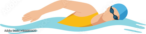 Vector Illustration of a Female Professional Swimmer in Yellow Swimsuit and Blue Cap Performing Front Crawl Stroke