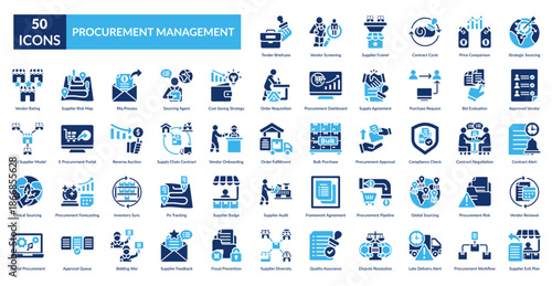 Procurement Management Fill Icon Set. Tender Briefcase, Vendor Screening, Supplier Funnel, Contract Cycle, Price Comparison, Strategic Sourcing, Approved Vendor