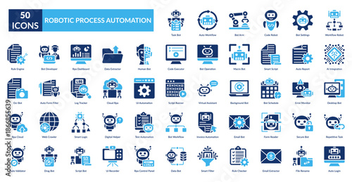 Rpa Fill Icon Set. Task Bot, Auto Workflow, Bot Arm, Code Robot, Settings, Workflow Robot, Ai Integration