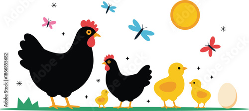 Vector Illustration of Black Hens and Yellow Baby Chicks with Butterflies and an Egg for Rural Farm Concept