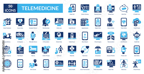 Telemedicine  Fill Icon Set. Video Call, Checkup, Remote Doctor, Virtual Care, Med Chat, E Health Form, Health Cloud