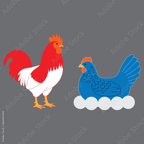 Vector Illustration of a Red Rooster Standing and a Blue Hen Sitting on White Eggs for Farm Concept