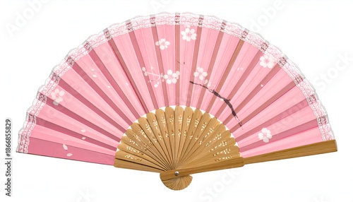 Pink, folded hand fan with cherry blossom design, lace trim, and wooden handle