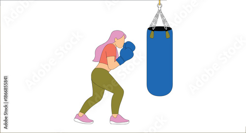 Vector Illustration of a Woman with Pink Hair Training with a Blue Heavy Punching Bag for Fitness Concept