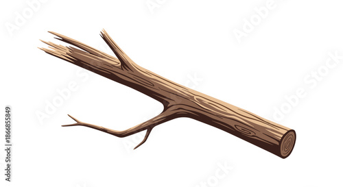 Detailed vector illustration of a broken wooden tree branch, a natural element for forest, camping, or rustic design themes.