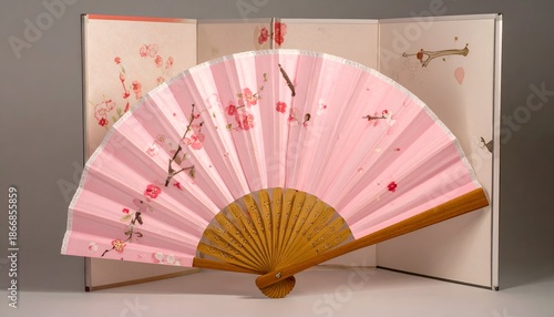 Pink folding fan with cherry blossom design, set before a decorative screen