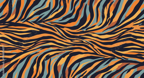 Abstract tiger stripe animal print pattern with orange, black, and blue colors, creating a bold and wild seamless background texture.