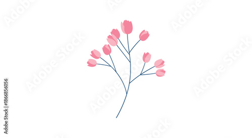 Delicate and minimalist illustration of a plant stem with small pink flower buds, a simple and elegant botanical design element.