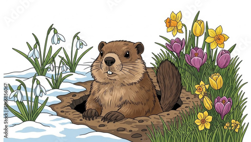 A cartoon beaver emerging from its burrow surrounded by spring flowers and melting snow
